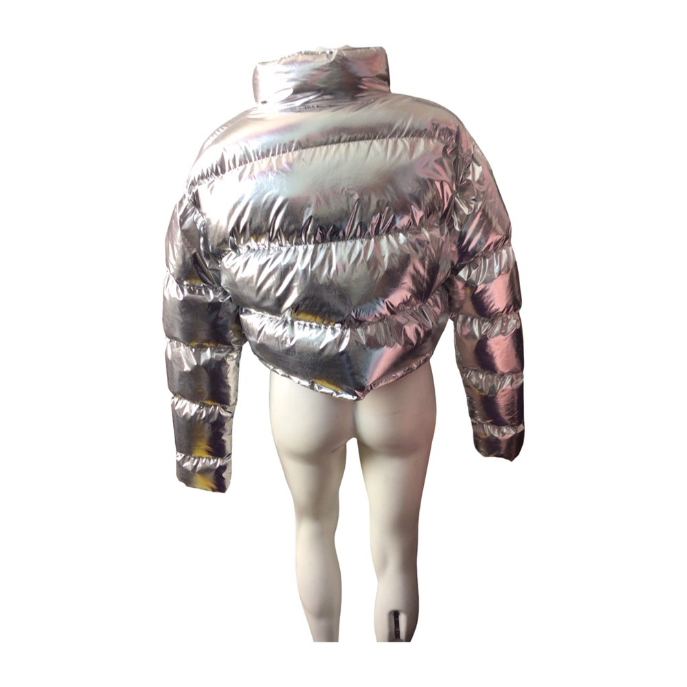 Silver Puffer Jacket with Orange Lining Size Medium - Picture 3 of 5